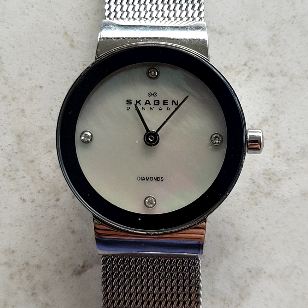 Skagen Silver Mesh Women Watch. Mother Of Pearl.